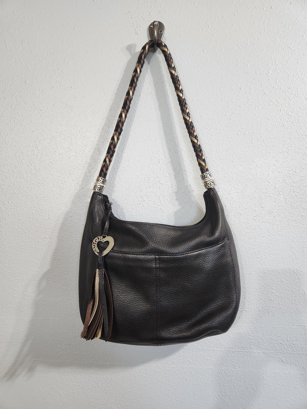 Brighton Barbados Black Leather Hobo Shoulder Bag with Braided Strap